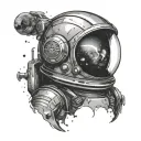 A tiny astronaut helmet with a reflection of a galaxy or a distant planet in the visor, representing the spirit of adven tattoo design idea