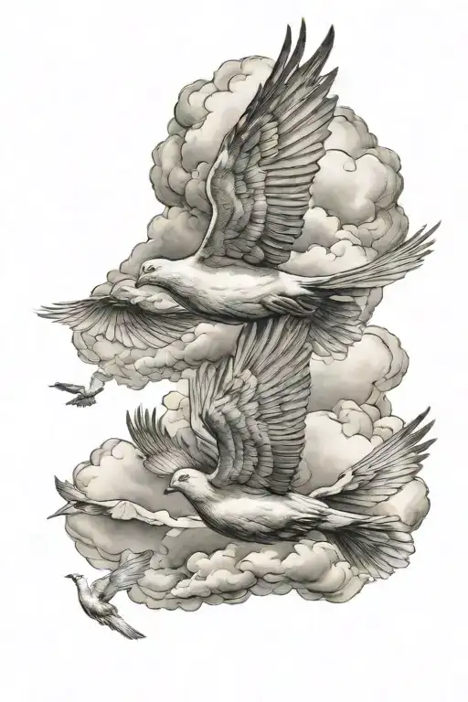 clouds and doves flying tattoo design idea