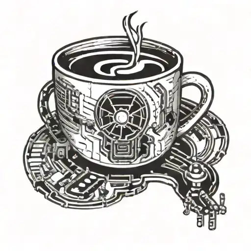 A radioactive coffee cup with computer circuitry intertwined, symbolizing the fusion of your interests in nuclear engineering, coffee, and computers tattoo design idea