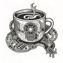 A radioactive coffee cup with computer circuitry intertwined, symbolizing the fusion of your interests in nuclear engineering, coffee, and computers tattoo design idea