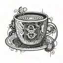 A radioactive coffee cup with computer circuitry intertwined, symbolizing the fusion of your interests in nuclear engineering, coffee, and computers tattoo design idea