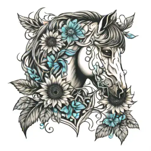 horse with sunflowers and turquoise stones tattoo design idea