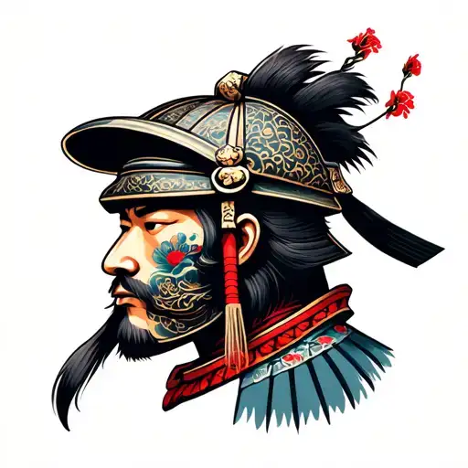Samurai head with helmet adorned with intricate tattoo design idea