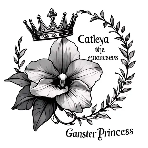 the words cattleya the ganster princess with a crown,with cattleya flower around it. tattoo design idea