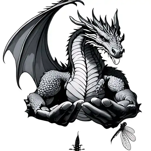 Irish Dragon gently cupping a dragonfly in his hands tattoo design idea