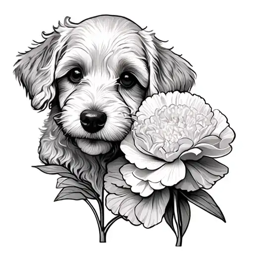 carnation snowdrop and goldendoodle face tattoo design idea