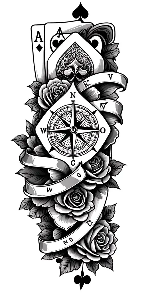 filigree design with playing cards, compass and roses tattoo design idea