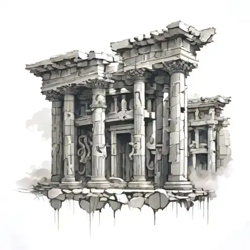 An architectural structure inspired by ancient ruins with hidden fighting symbols tattoo design idea