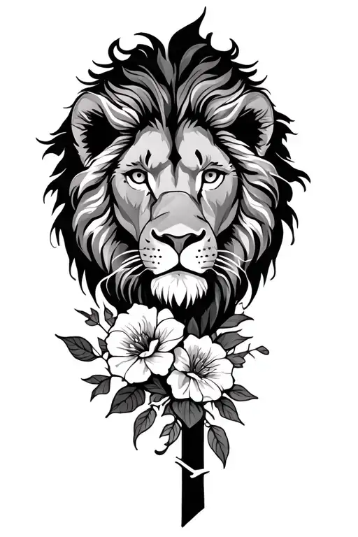 lion, flowers and cross tattoo tattoo design idea