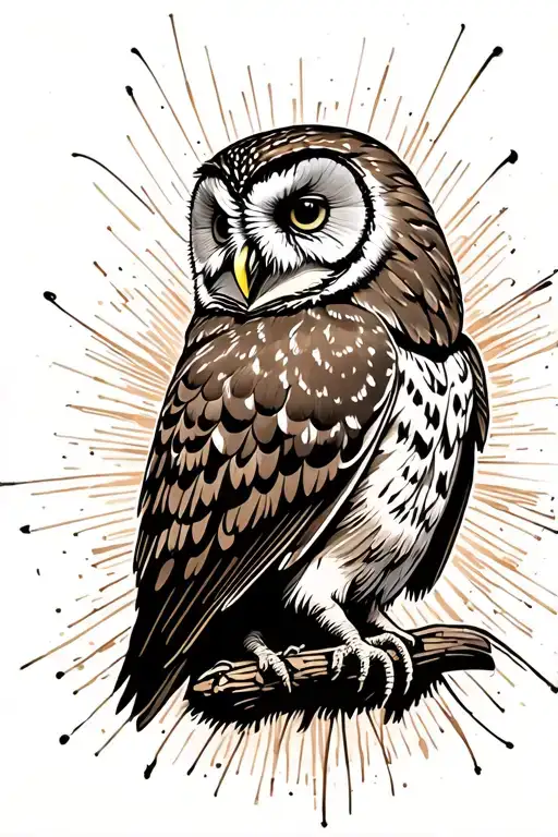 barred owl, back turned, head facing forward coiled tattoo design idea