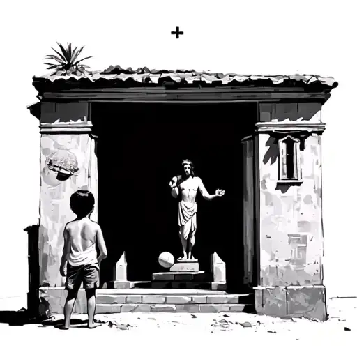 Brazilian kid with a ball in his hands around favelas looking at Jesus statue in Brazil  tattoo design idea
