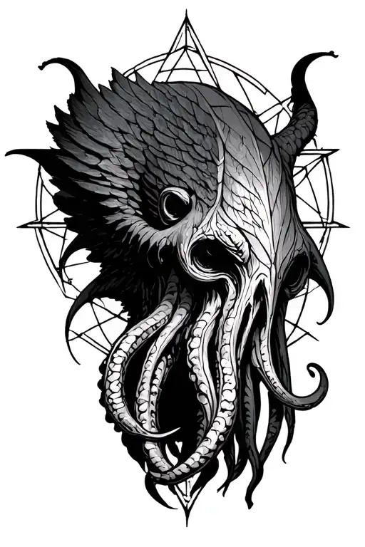 Sketch of a Cthulhu head tattoo without wings with a pentagram in the background tattoo design idea