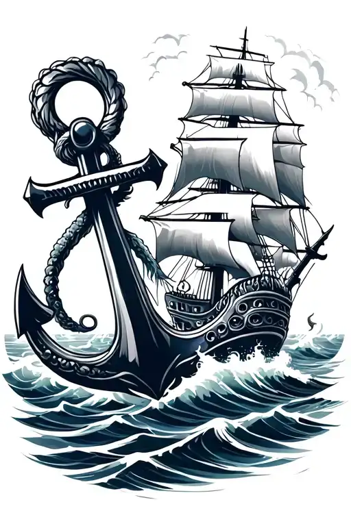 full sleeve navy anchor with ship sailing through storm with kraken tattoo design idea
