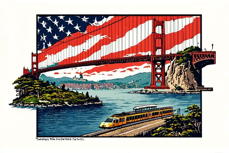 golden gates bridge with Alcatraz island and a tramway tattoo design idea