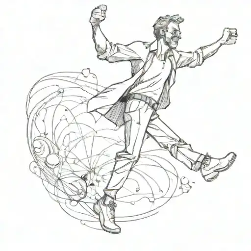 Joyful man with wide legs, giving thumbs-up, floating in mid-air, smiling. tattoo design idea