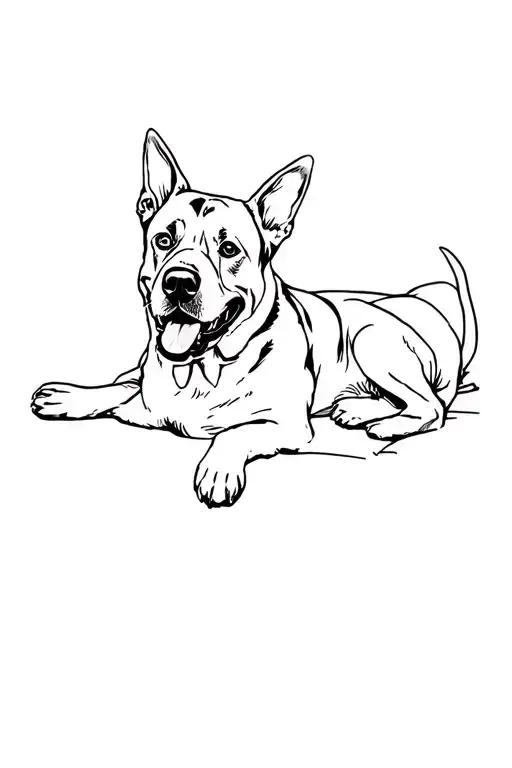 a black german sheperd rottweiler mix dog , laying on his back happy , in a simple.style , all black tattoo design idea