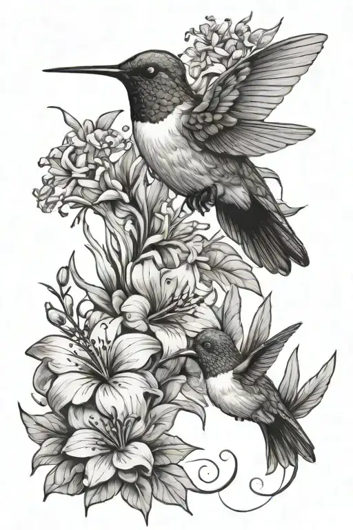hummingbird and tropical flowers blooming tattoo design idea