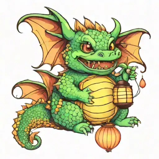 cute happy chubby baby dragon with japanese lantern color tattoo design idea
