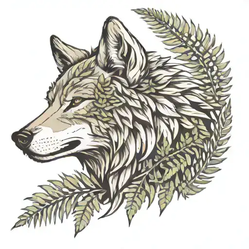 Wolf head facing sideways with ferns sprouting tattoo design idea