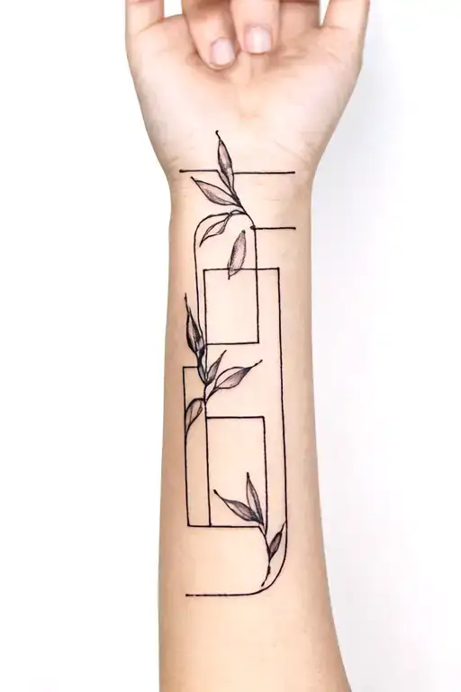 A forearm tattoo with three simple frames of different shapes, connected by a single olive branch to create a dynamic, u tattoo design idea