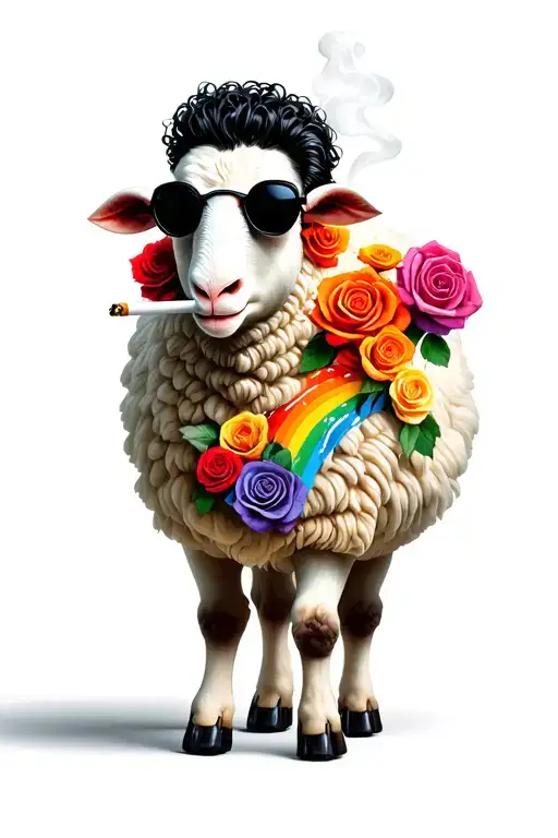 black sheep smoking a cigarette with sunglasses on, curly hair slicked back, pooping roses with a smirk with a rainbow  tattoo design idea