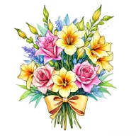 gladiolus, jonquil, rose, sweet pea flower bouquet tied with bow line tattoo colored. tattoo design idea
