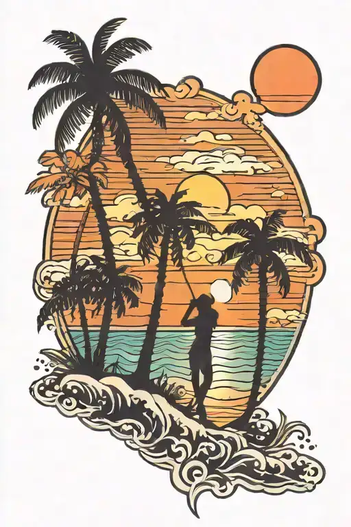 beach sunset and palm trees woman silhouette tattoo design idea