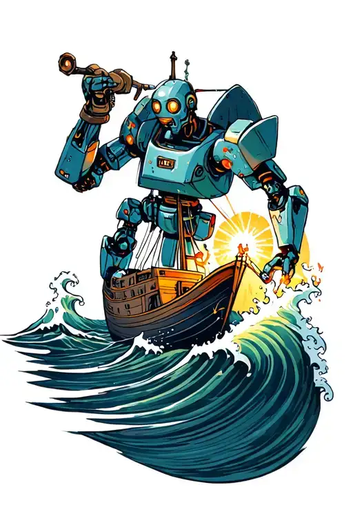 a robot lighting a stray boat at sea waves tattoo design idea