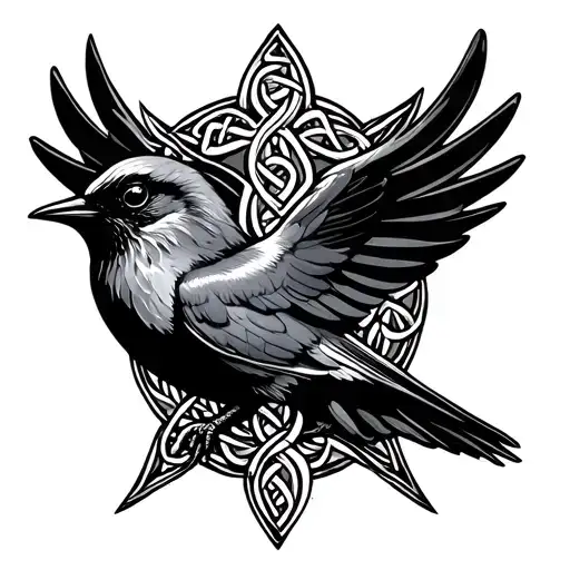 swallow bird wrapped around Celtic cross tattoo design idea