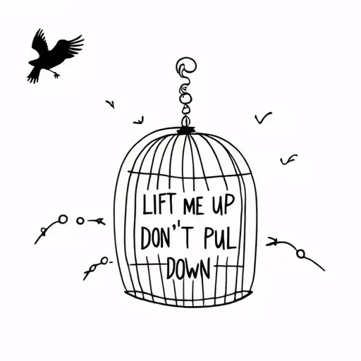 a simple robin flying away from a cage above are the words lift me up don't pull me down  tattoo design idea