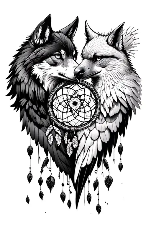 wolf and eagle together with love dreamcatcher tattoo design idea