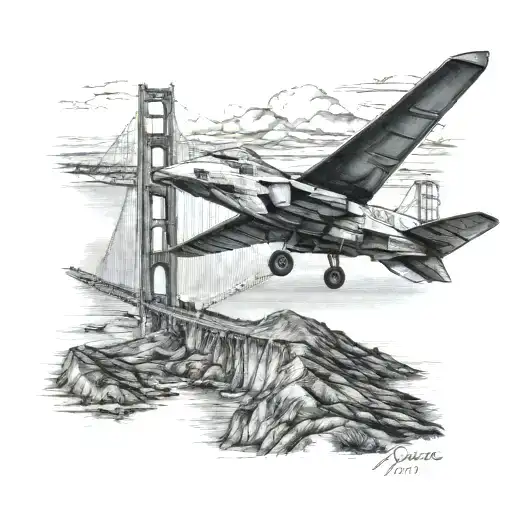 Golden Gate Bridge with f-22 raptor fighter jet tattoo design idea