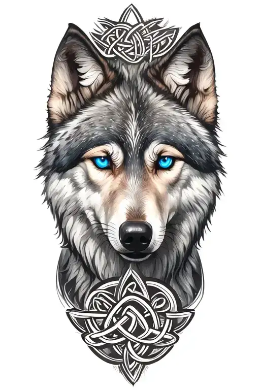 wolf with blue eyes featuring Celtic trinity knot  tattoo design idea