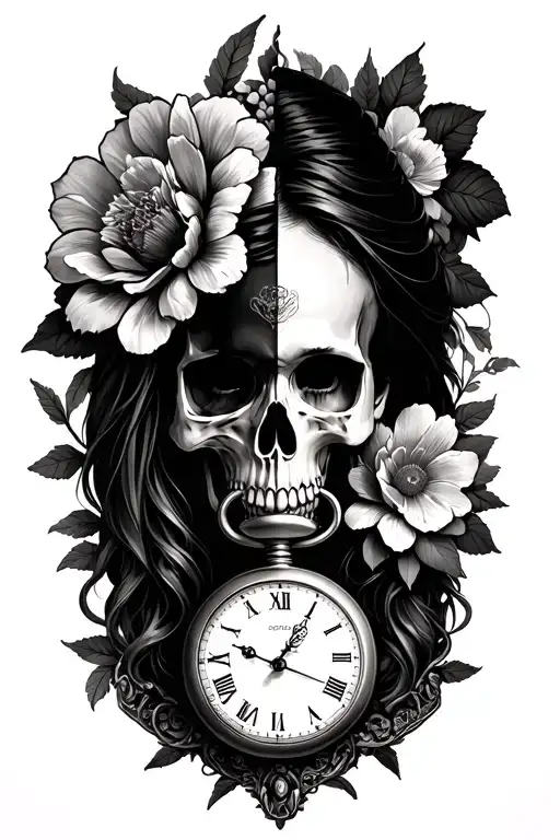 half skull half women flesh face morphing  intergrated with 1 old pocket watch and flower tattoo design idea