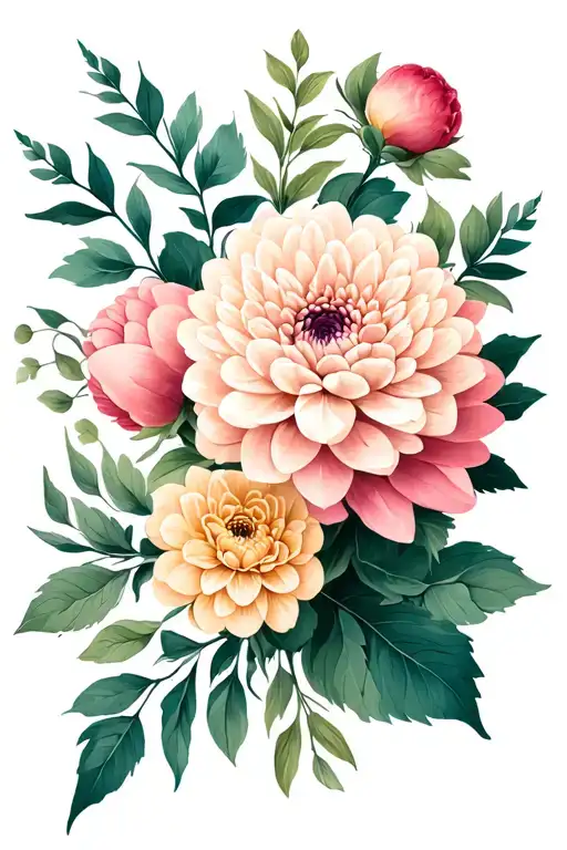 dahlia, ranunculus, peony, greenage, eucalyptus leaves for upper arm tattoo tattoo design idea