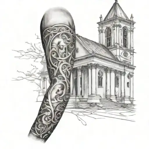 Men's sleeve sketch on a church theme tattoo design idea
