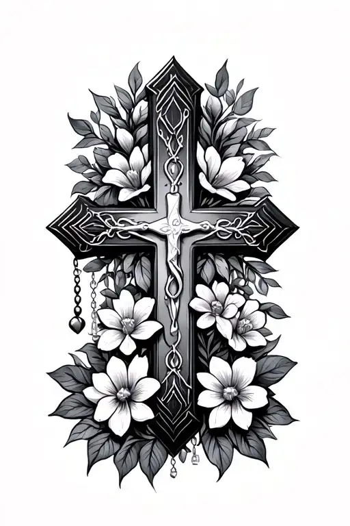 cross surrounded with flowers and rosary tattoo design idea