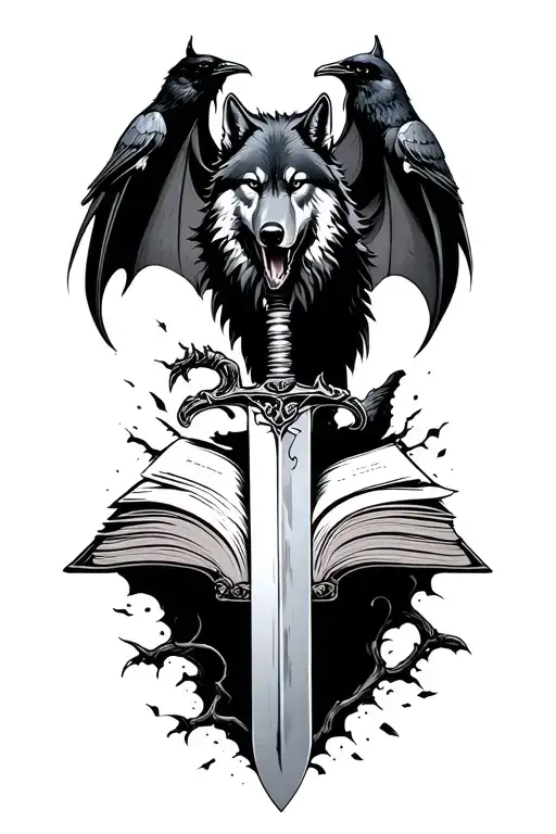 sword piercing out old book, wolf coming out the book like a pop up, crow on the side of book and a bat on the other sid tattoo design idea