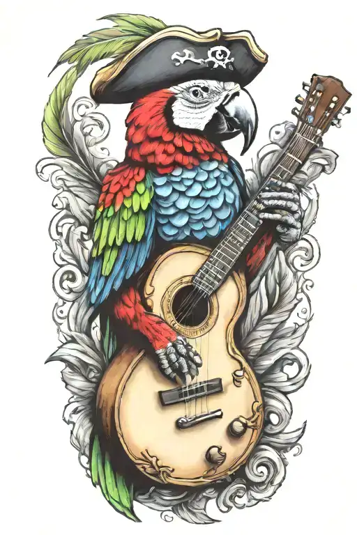 parrot pirate hat perched on guitar tattoo design idea