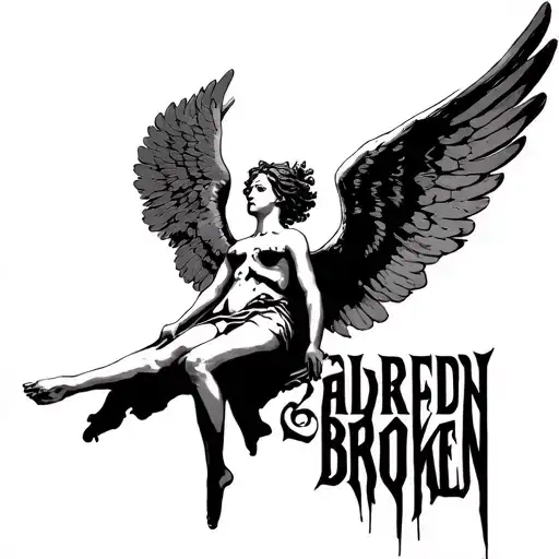 "already broken" angel flying tattoo design idea