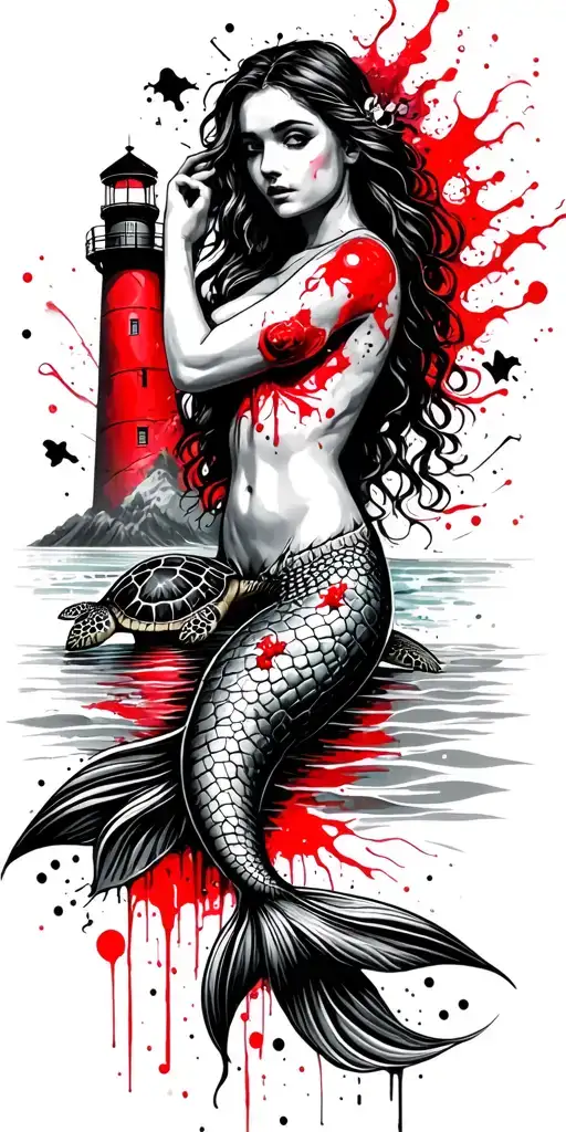 land and sea with mermaid and sea turtle and lighthouse  tattoo design idea