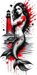land and sea with mermaid and sea turtle and lighthouse  tattoo design idea