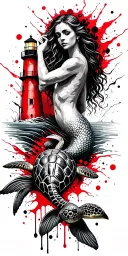 land and sea with mermaid and sea turtle and lighthouse  tattoo design idea