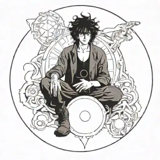 Black and white illustration of a sandman neil gaiman standing in front of a large white circle.  tattoo design idea