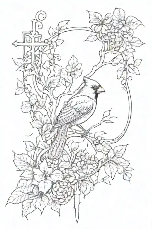 cardinal and cross surrounded by vines tattoo design idea