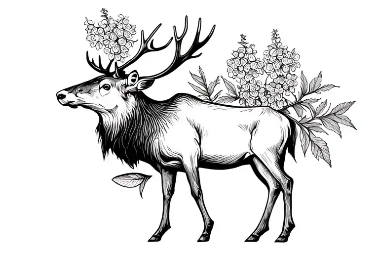 an elk with a fish and lilacs tattoo design idea
