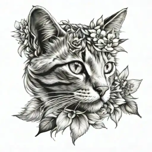 cat in flowers tattoo design idea