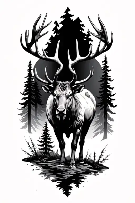 Beautiful woods with bull elk standing tattoo design idea