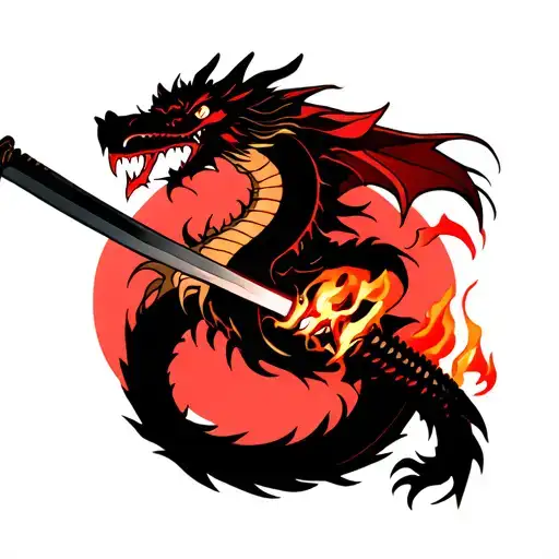 Anime dragon biting a burning katana, black and red ink style, 9:16 aspect ratio, dramatic lighting” tattoo design idea