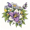 Violet flower, iris flower, daffodil flower, daisy flower, aster flower, morning glory flower. tattoo design idea